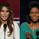 Melania Trump, wife of presumptive GOP presidential candidate Donald Trump, at the GOP convention in Cleveland on July 18, 2016; Michelle Obama, wife of then- Democratic presidential candidate Barack Obama, at the Democratic National Convention in Denver on Aug. 25, 2008
ALEX WONG/Getty Images; PAUL J. RICHARDS/AFP/Getty Images